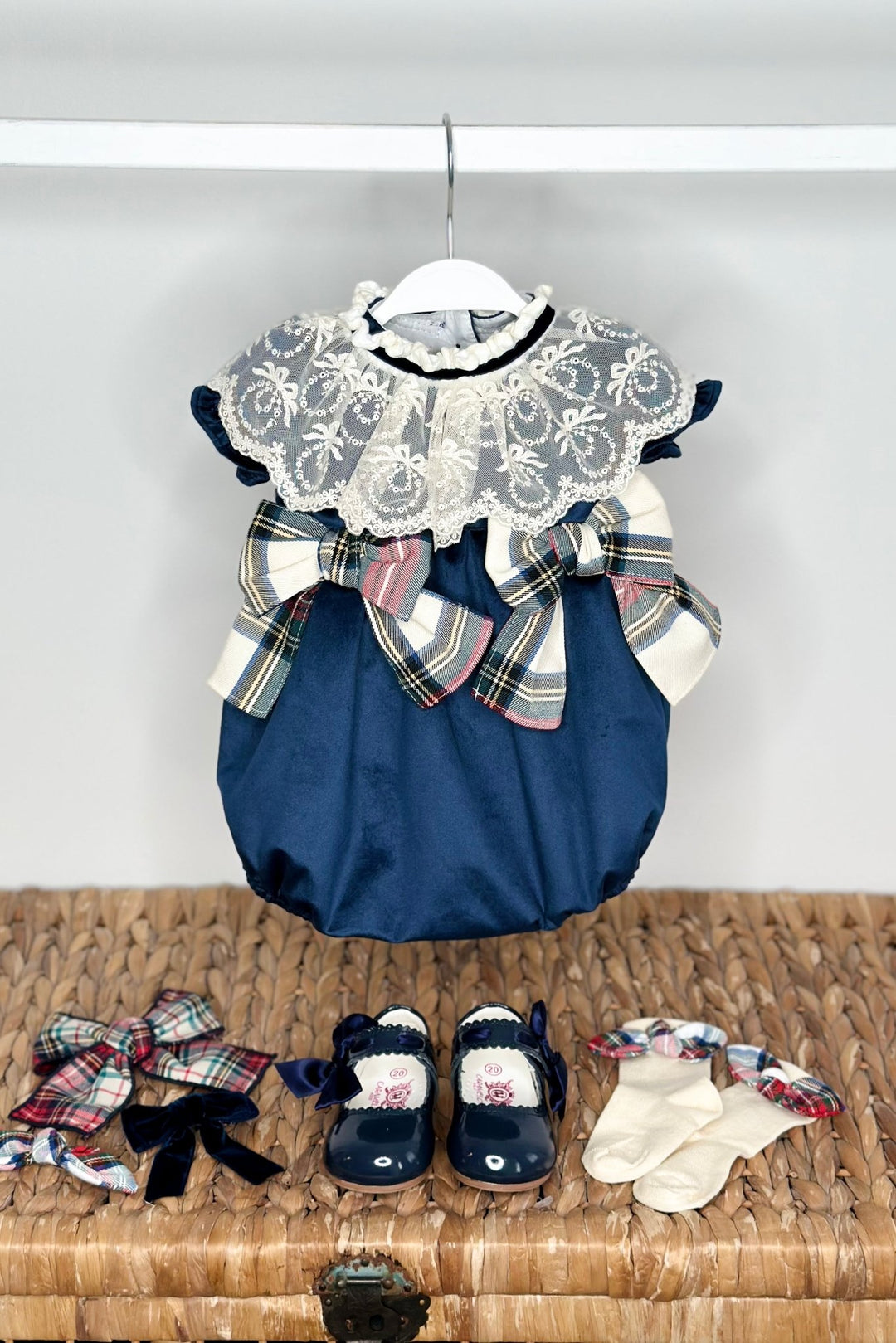 Puro Mimo "Arianna" Midnight Blue Velvet Tartan Romper - Millie and John