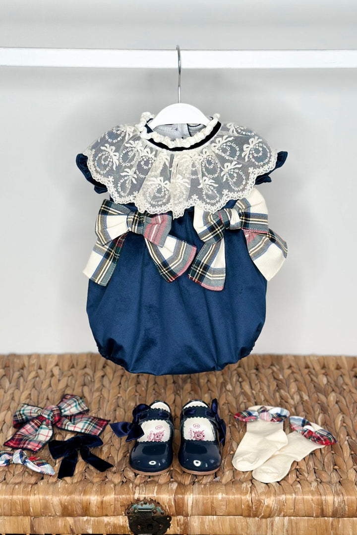 Puro Mimo "Arianna" Midnight Blue Velvet Tartan Romper - Millie and John