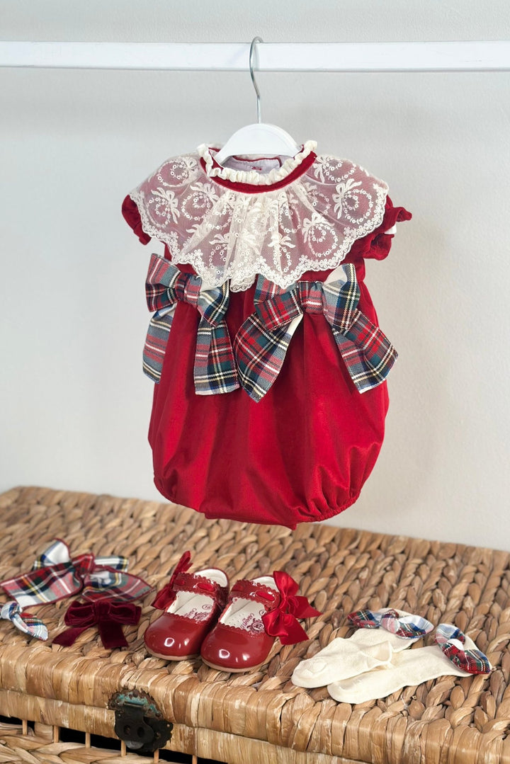 Puro Mimo "Arianna" Red Velvet Tartan Romper - Millie and John