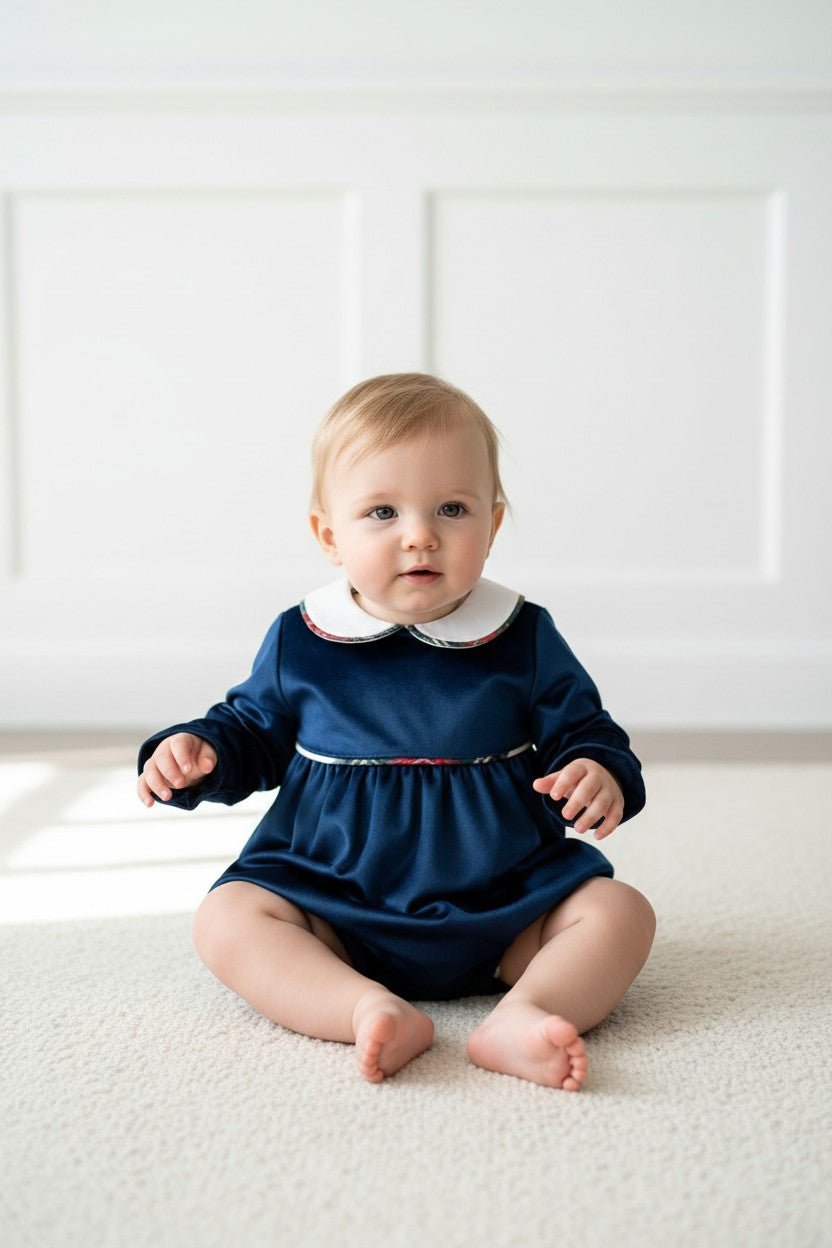 Puro Mimo "Benjamin" Midnight Blue Velvet Tartan Romper - Millie and John