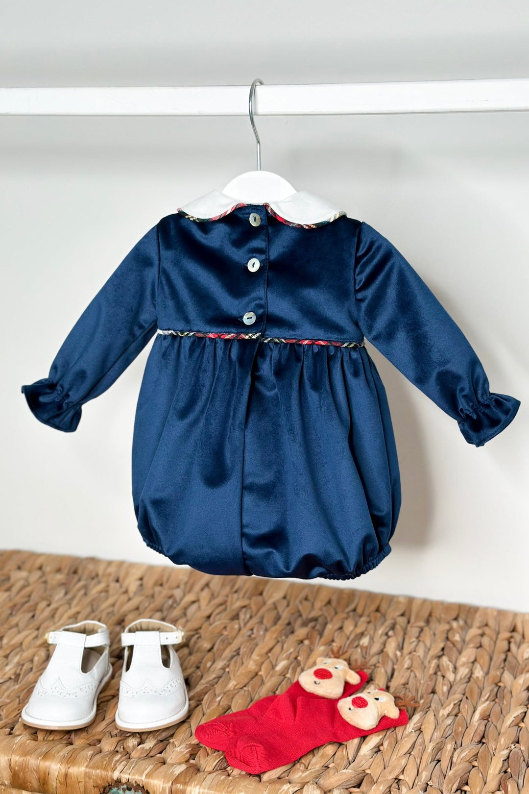 Puro Mimo "Benjamin" Midnight Blue Velvet Tartan Romper - Millie and John