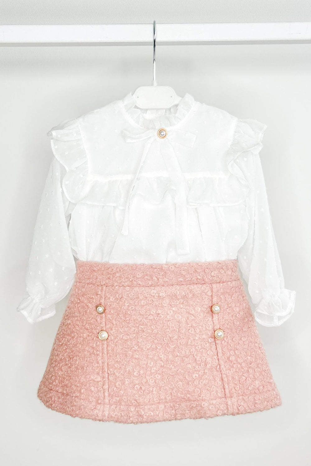 Puro Mimo "Blaire" Blouse & Dusky Pink Bouclé Skirt - Millie and John