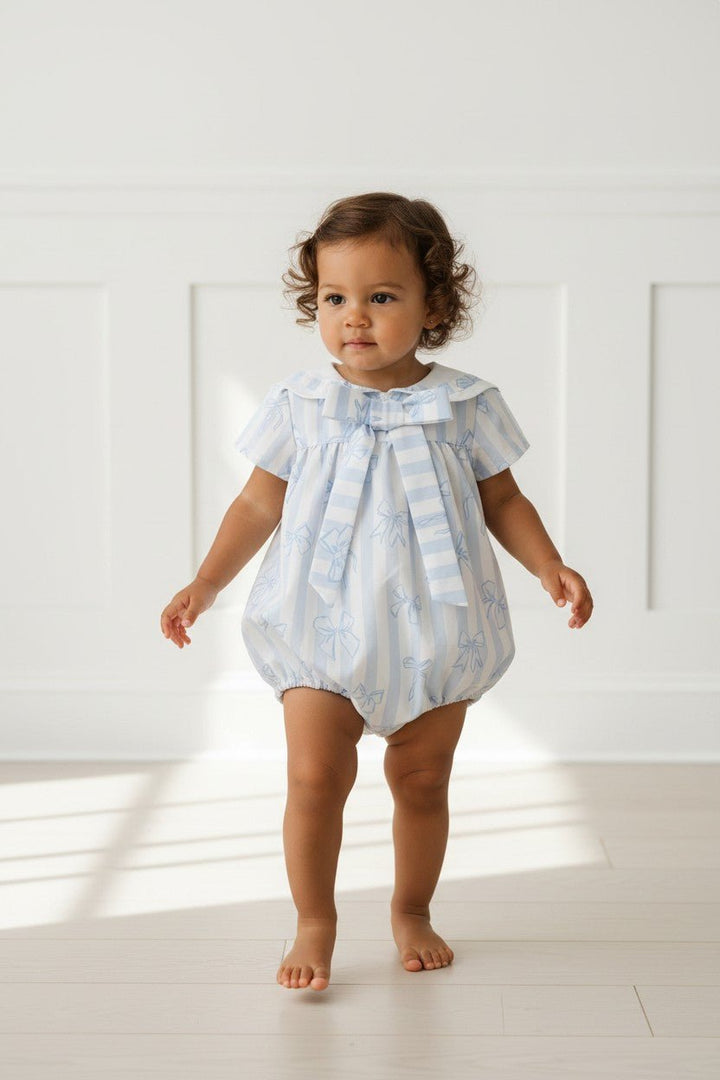 Puro Mimo "Clara" Blue Stripes &amp; Bows Sailor Romper - Millie and John