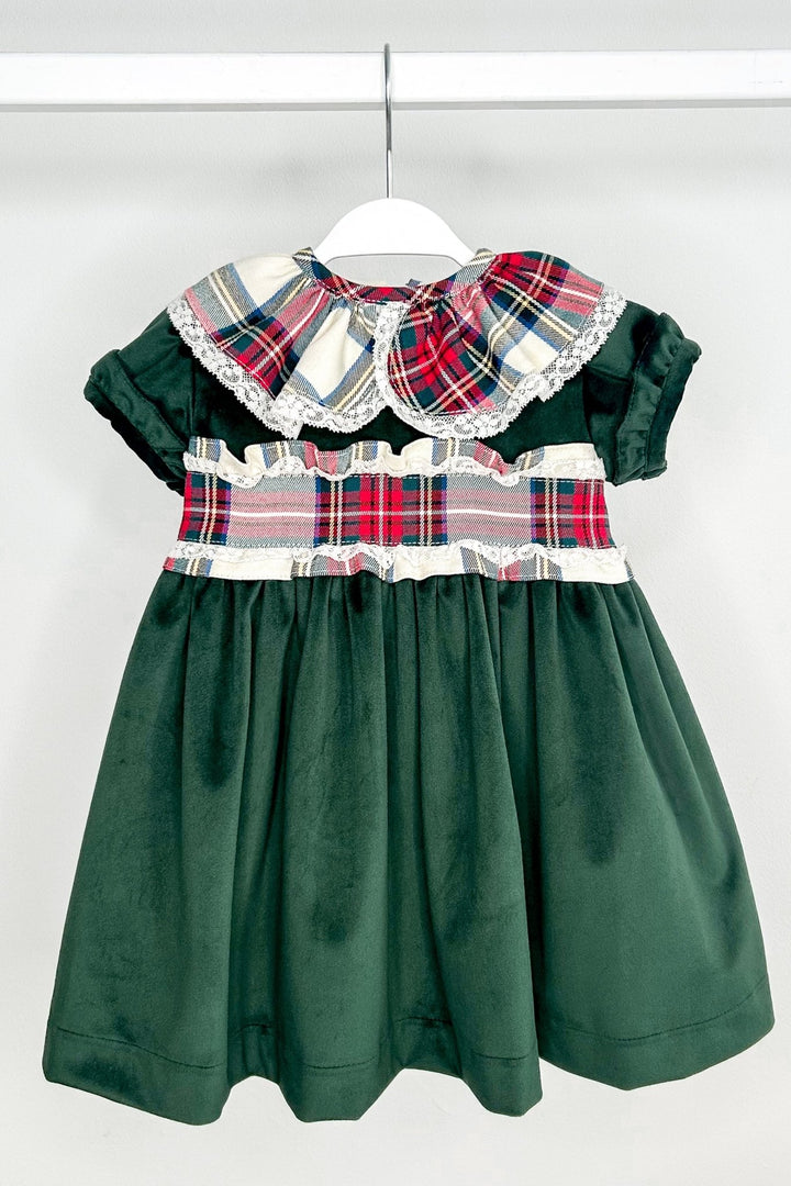 Puro Mimo "Clementine" Bottle Green Velvet Tartan Dress - Millie and John