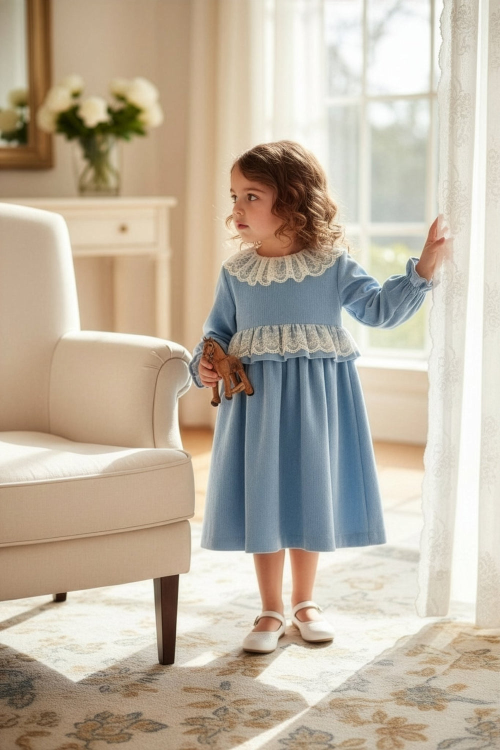 Puro Mimo "Elara" Powder Blue Needlecord Lace Dress - Millie and John