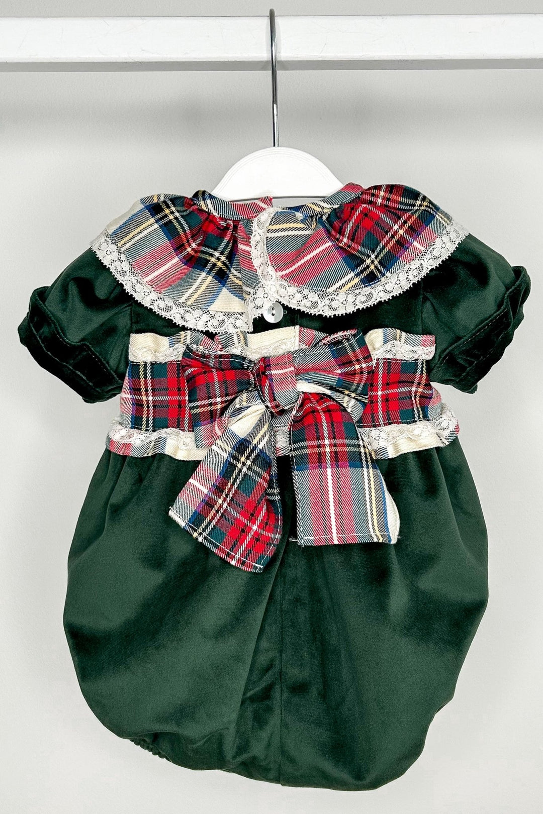 Puro Mimo "Farah" Bottle Green Velvet Tartan Romper - Millie and John