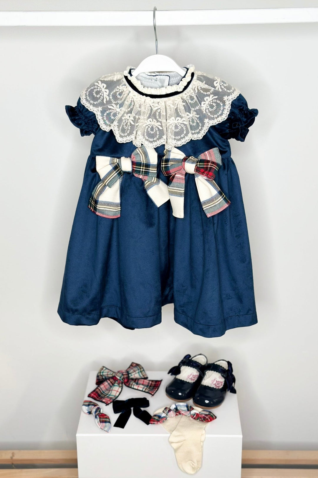 Puro Mimo "Isobella" Midnight Blue Velvet Tartan Dress - Millie and John