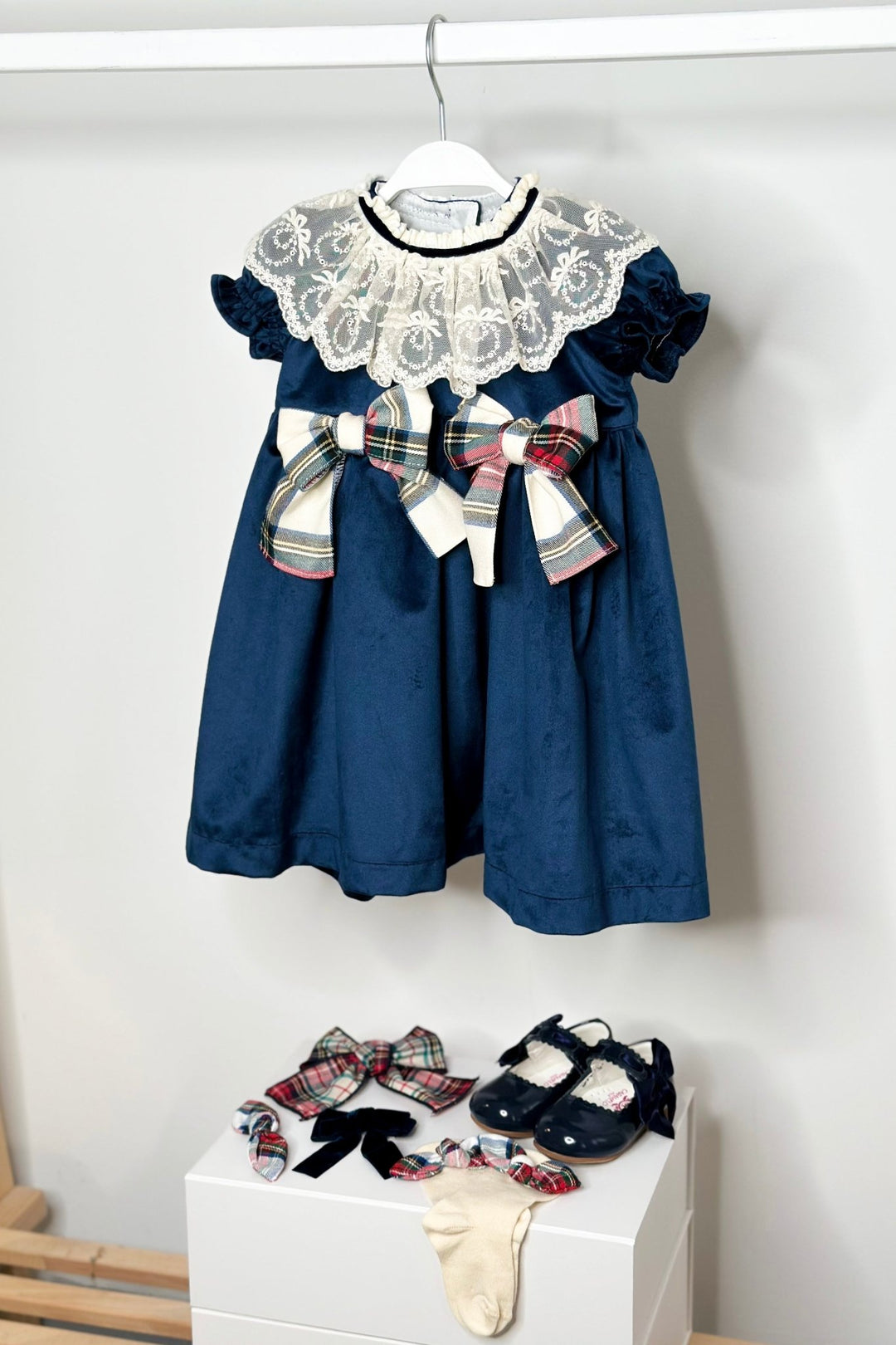 Puro Mimo "Isobella" Midnight Blue Velvet Tartan Dress - Millie and John