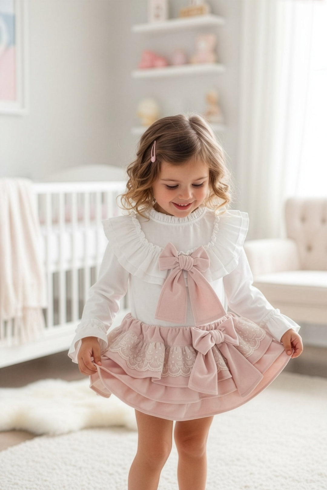 Puro Mimo "Leonie" Blush Pink Velvet Lace Blouse & Skort - Millie and John