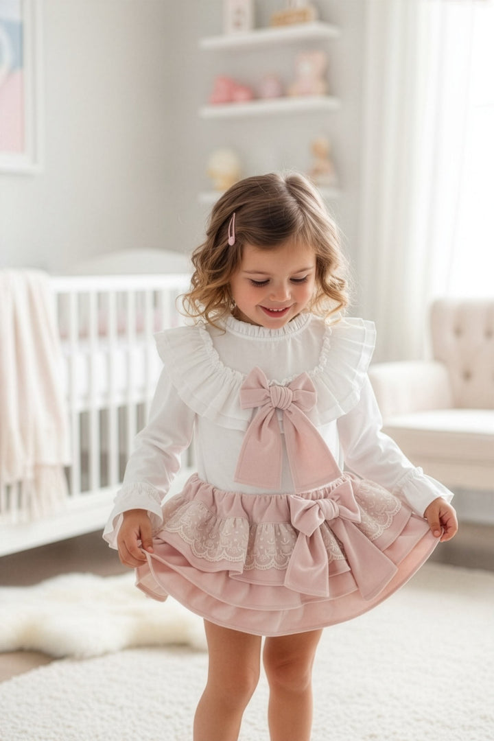 Puro Mimo "Leonie" Blush Pink Velvet Lace Blouse & Skort - Millie and John