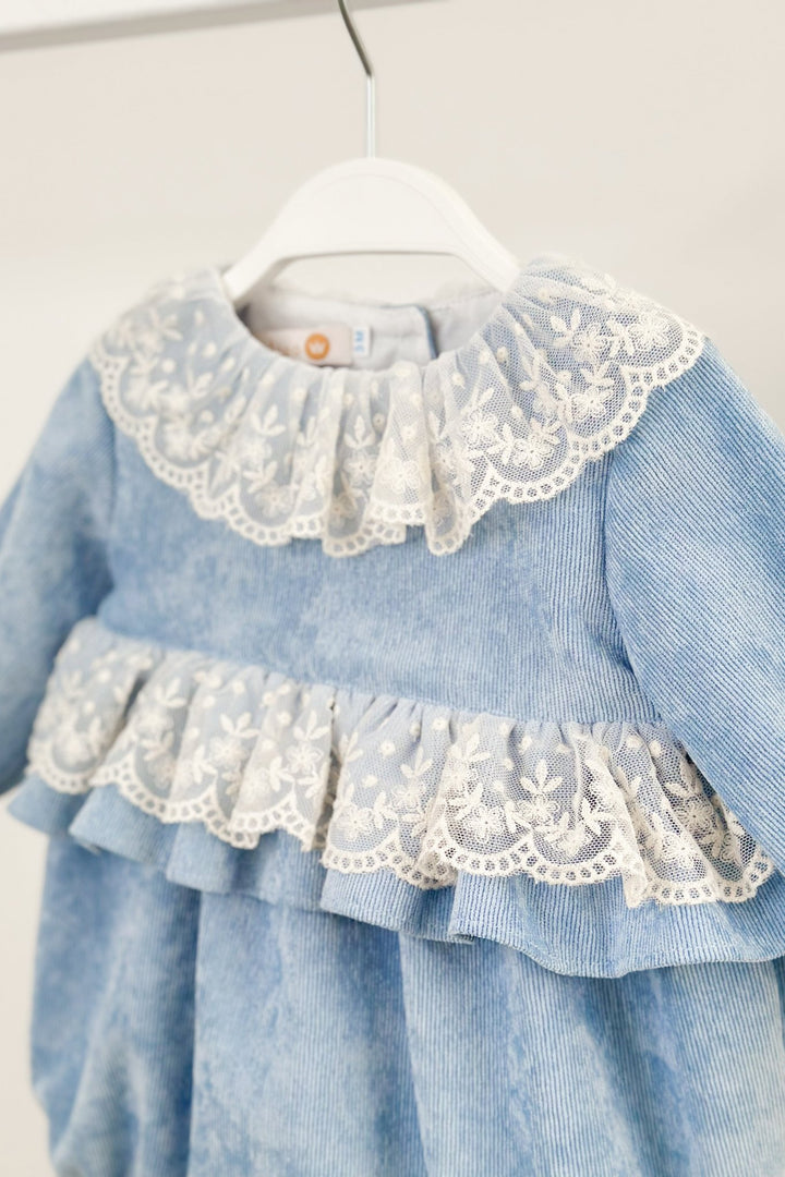 Puro Mimo "Lucinda" Powder Blue Needlecord Lace Romper - Millie and John