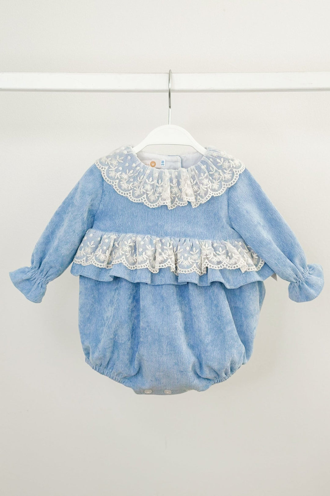 Puro Mimo "Lucinda" Powder Blue Needlecord Lace Romper - Millie and John
