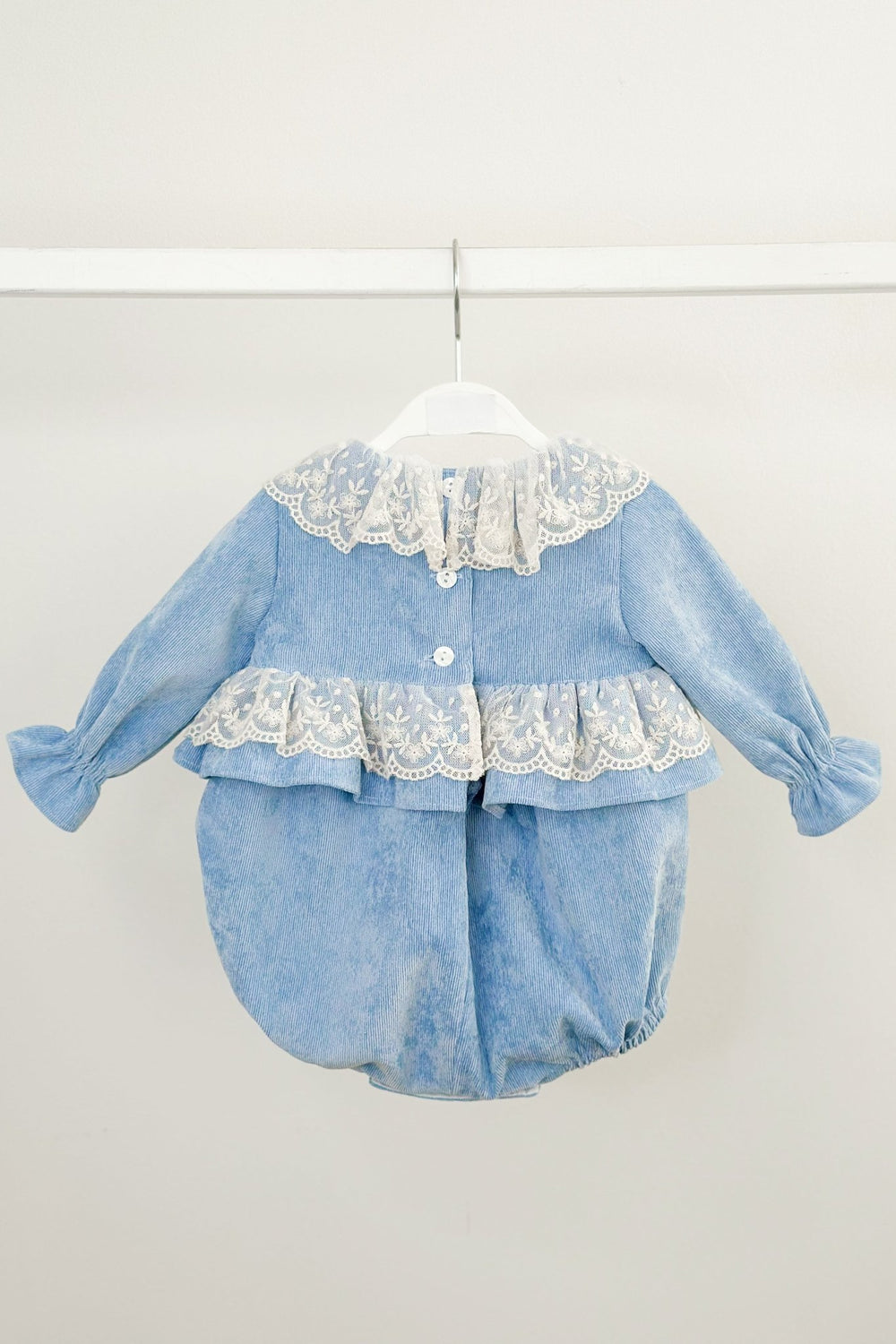 Puro Mimo "Lucinda" Powder Blue Needlecord Lace Romper - Millie and John