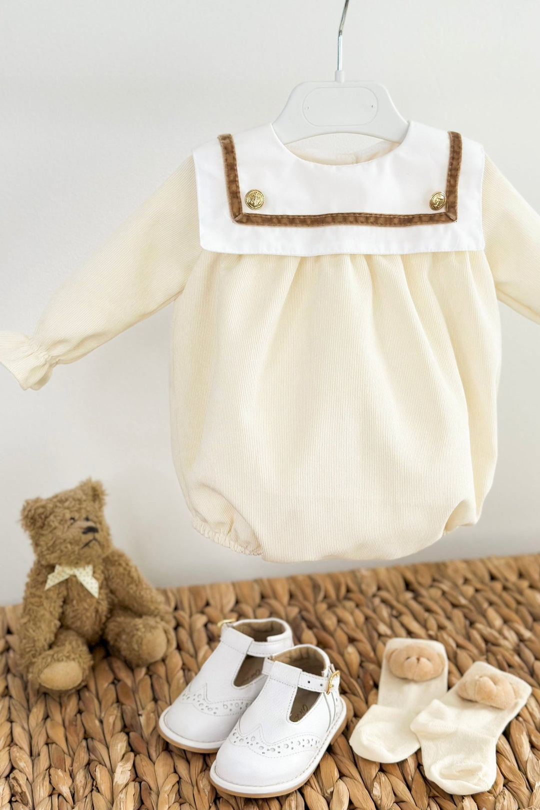 Puro Mimo "Ronnie" Cream Cord Sailor Romper - Millie and John