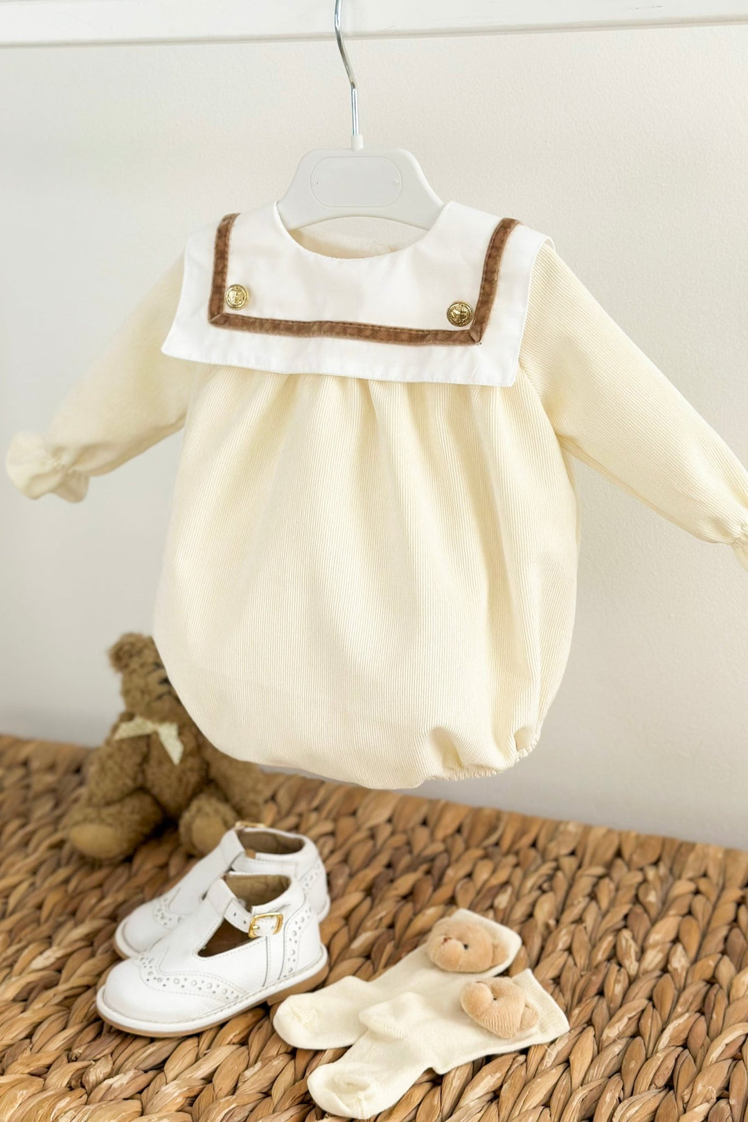 Puro Mimo "Ronnie" Cream Cord Sailor Romper - Millie and John