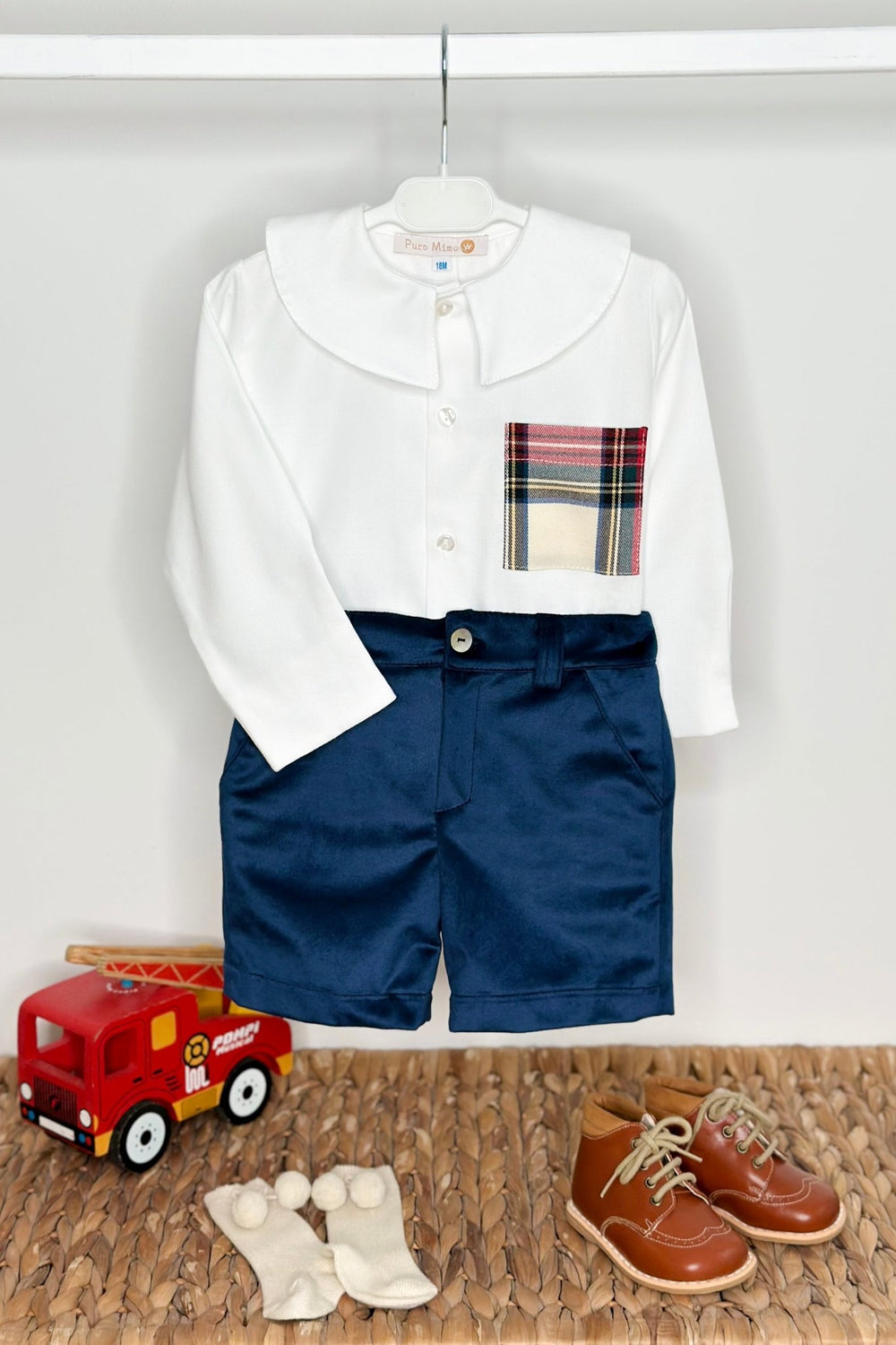 Puro Mimo "Rupert" Tartan Shirt & Midnight Blue Velvet Shorts - Millie and John