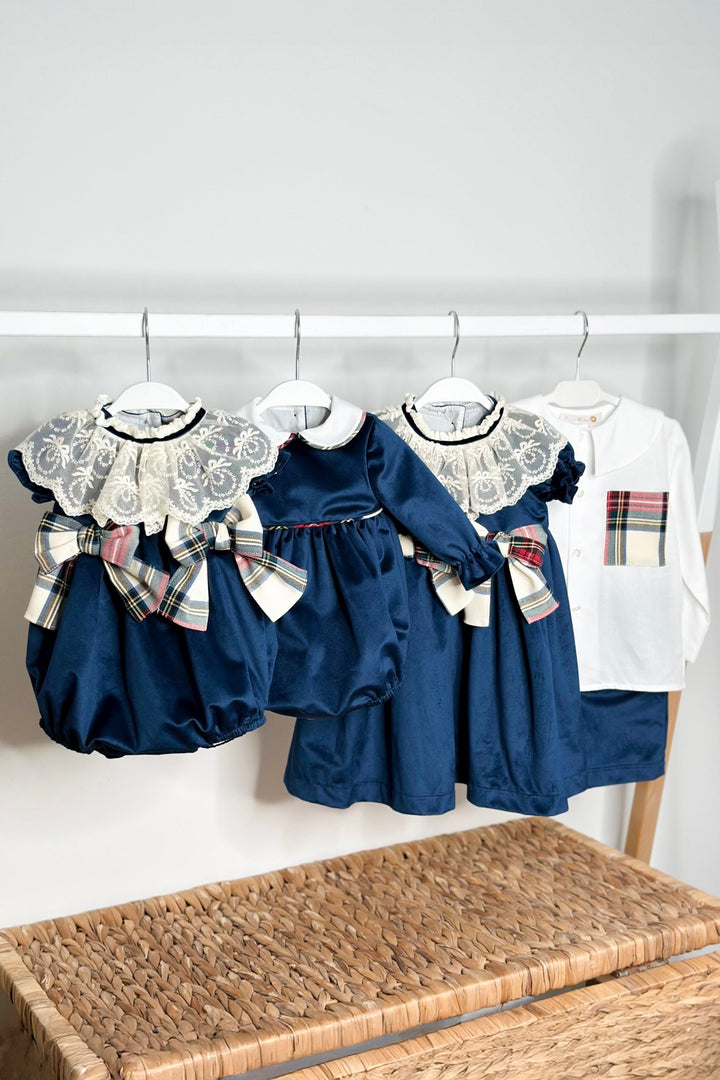 Puro Mimo "Rupert" Tartan Shirt & Midnight Blue Velvet Shorts - Millie and John