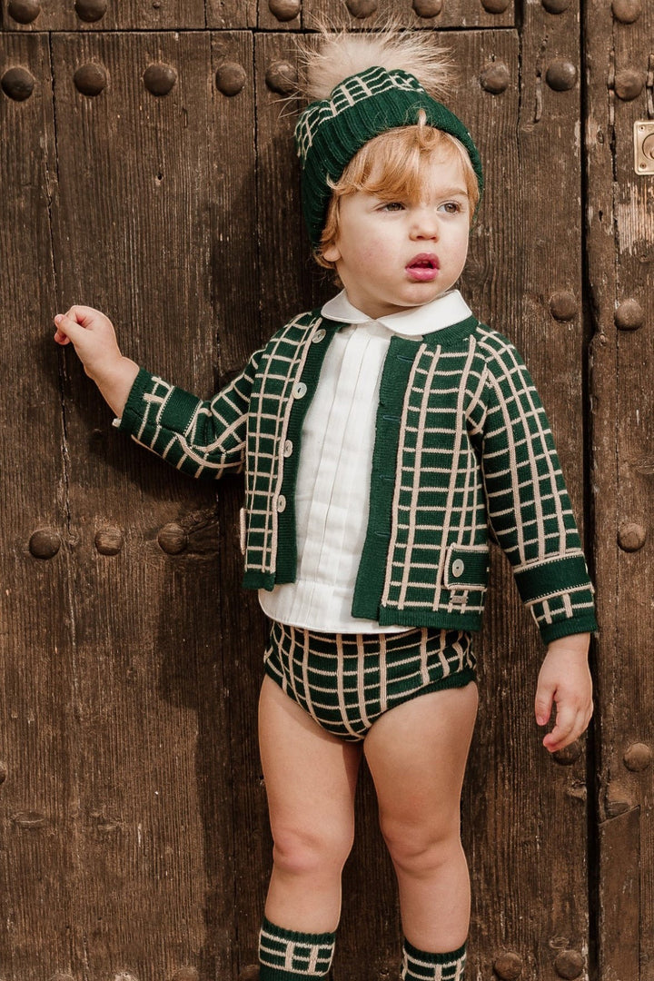 Rahigo "Alexander" Bottle Green & Camel Check Knit Cardigan, Shirt & Jam Pants - Millie and John
