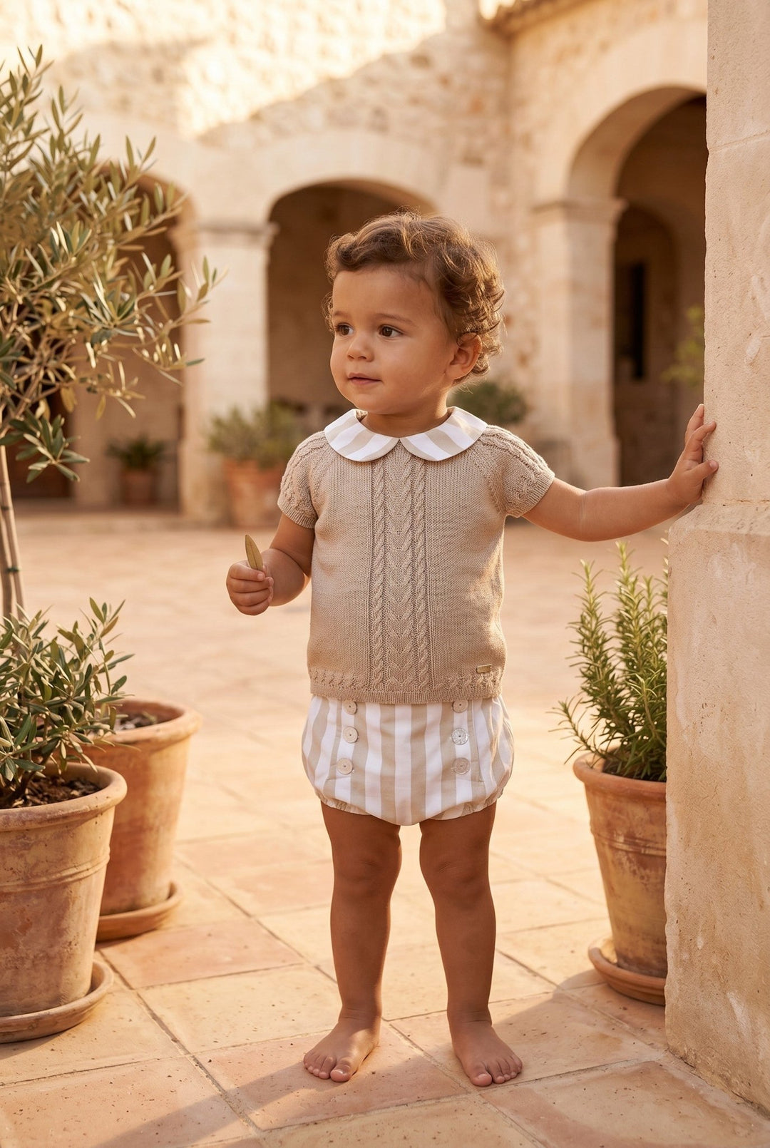 Rahigo Beige & White Striped Knit Top & Jam Pants - Millie and John
