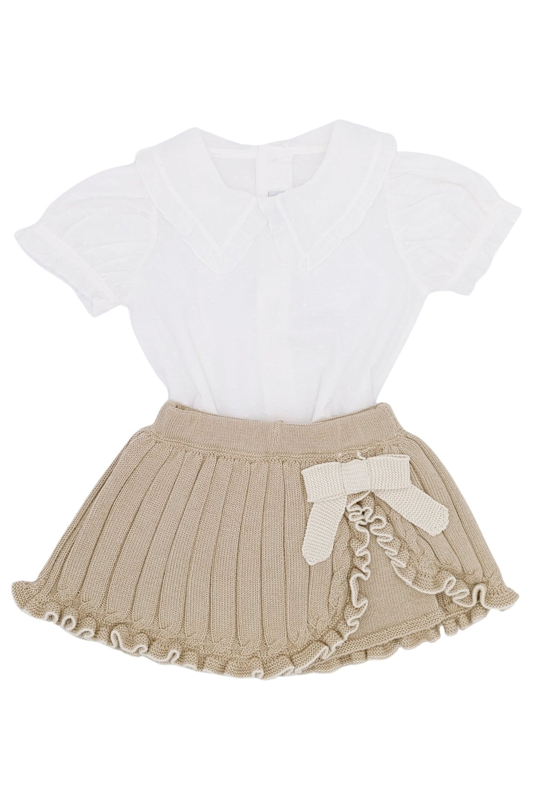 Rahigo "Charlotte" Camel & Cream Cable Knit Cardigan, Blouse & Skort - Millie and John