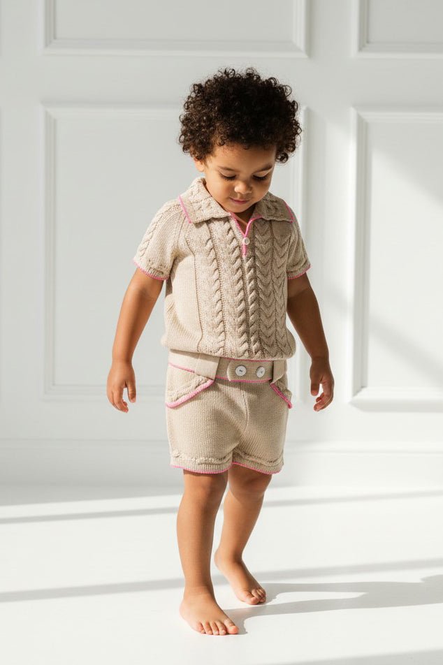 Rahigo "Diego" Camel & Fuchsia Knit Polo Shirt & Shorts - Millie and John