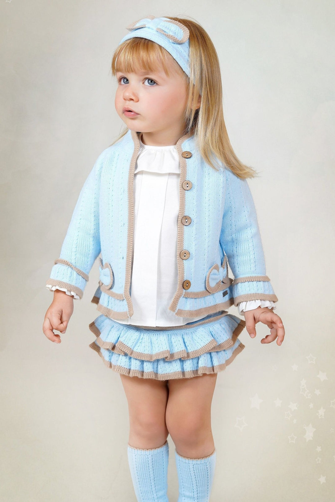 Rahigo "Eliza" Baby Blue & Camel Knitted Cardigan, Blouse & Bloomers - Millie and John