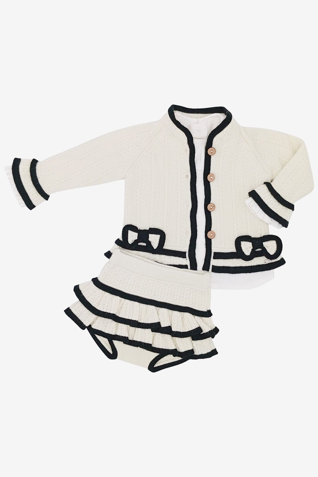 Rahigo "Eliza" Ivory & Black Knitted Cardigan, Blouse & Bloomers - Millie and John