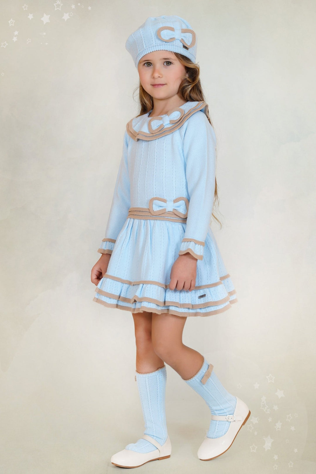 Rahigo "Isabelle" Baby Blue & Camel Knitted Drop Waist Dress - Millie and John