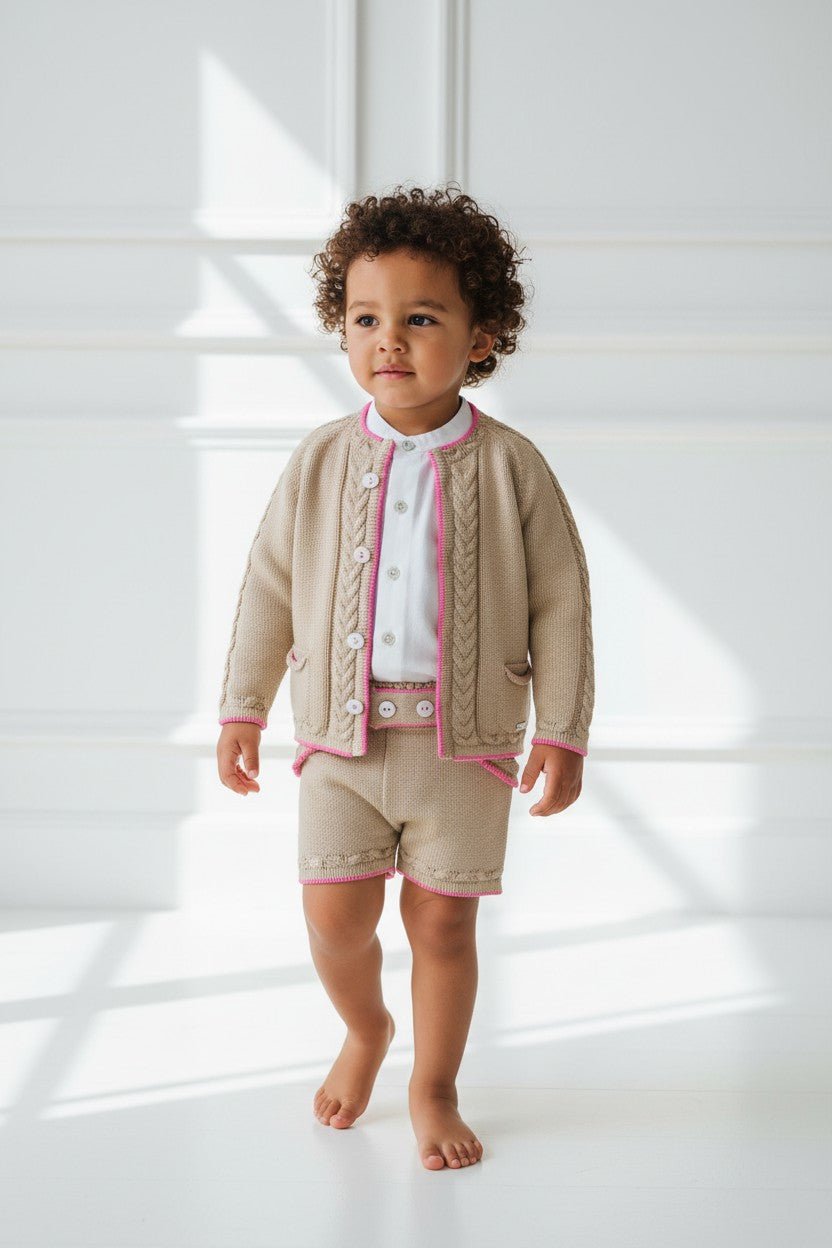 Rahigo "Lorenzo" Camel & Fuchsia Knit Cardigan, Shirt & Shorts - Millie and John