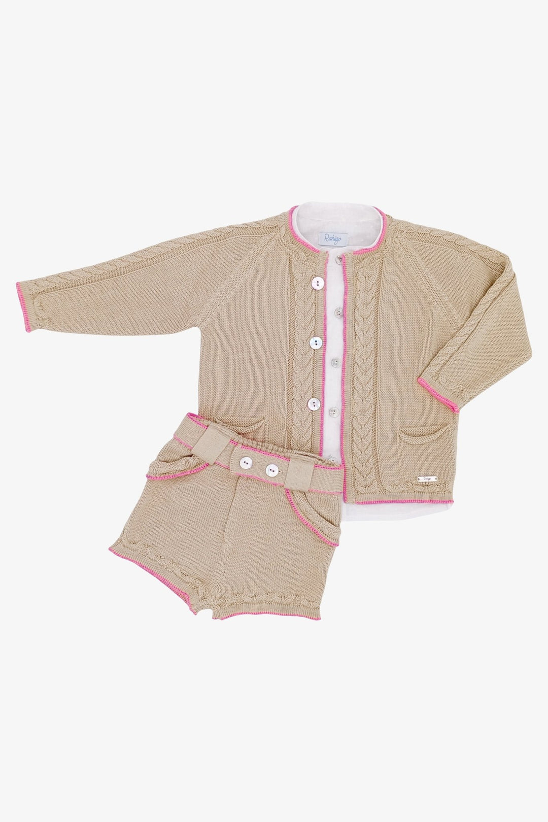 Rahigo "Lorenzo" Camel & Fuchsia Knit Cardigan, Shirt & Shorts - Millie and John