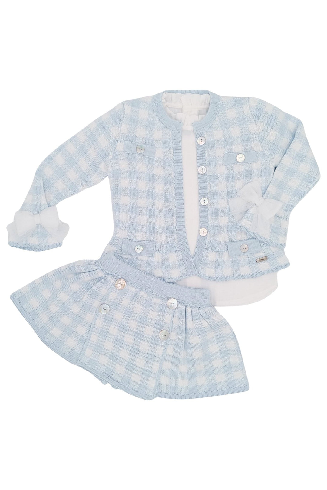 Rahigo "Martha" Baby Blue Gingham Knit Cardigan, Blouse & Skort - Millie and John