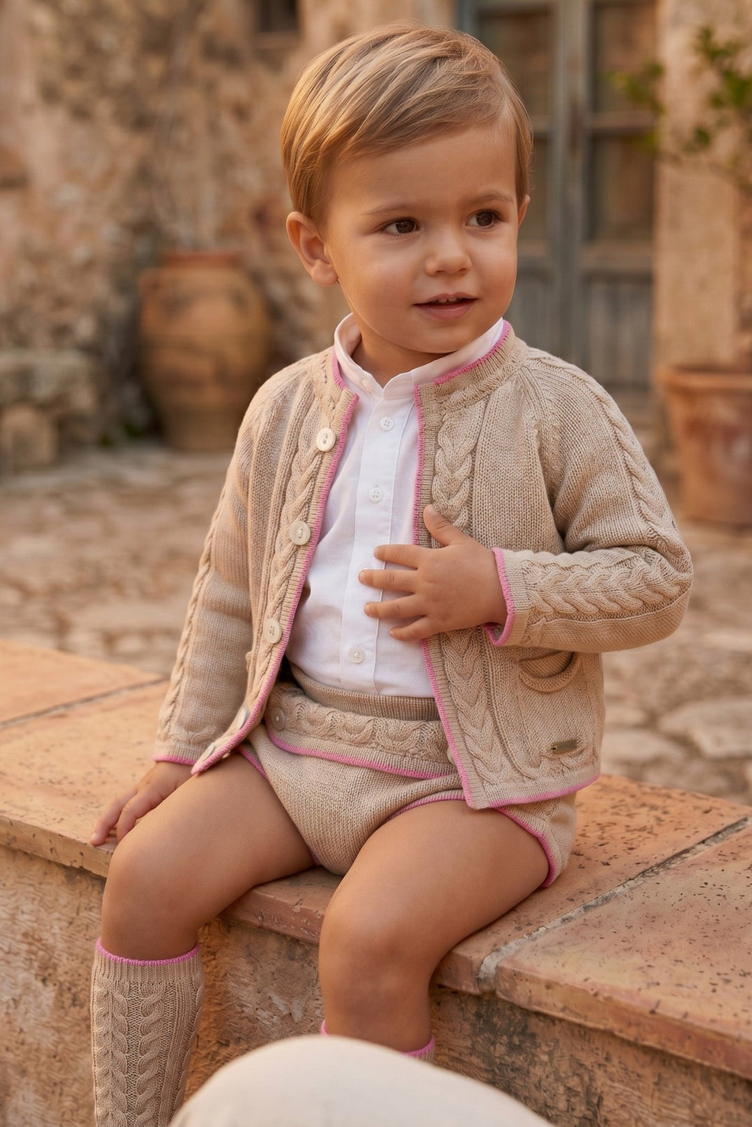 Rahigo "Rafael" Camel & Fuchsia Knit Cardigan, Shirt & Jam Pants - Millie and John