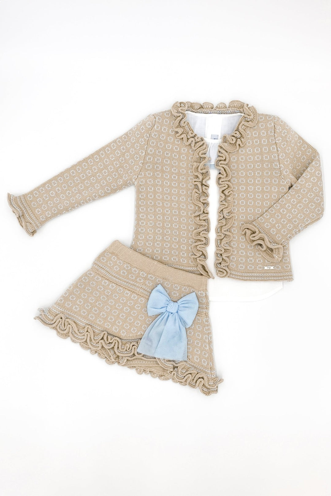 Rahigo "Zara" Camel & Baby Blue Knit Cardigan, Blouse & Skirt - Millie and John