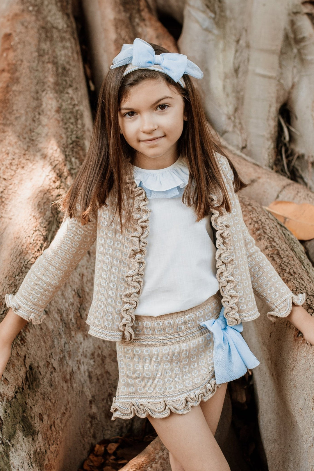 Rahigo "Zara" Camel & Baby Blue Knit Cardigan, Blouse & Skirt - Millie and John