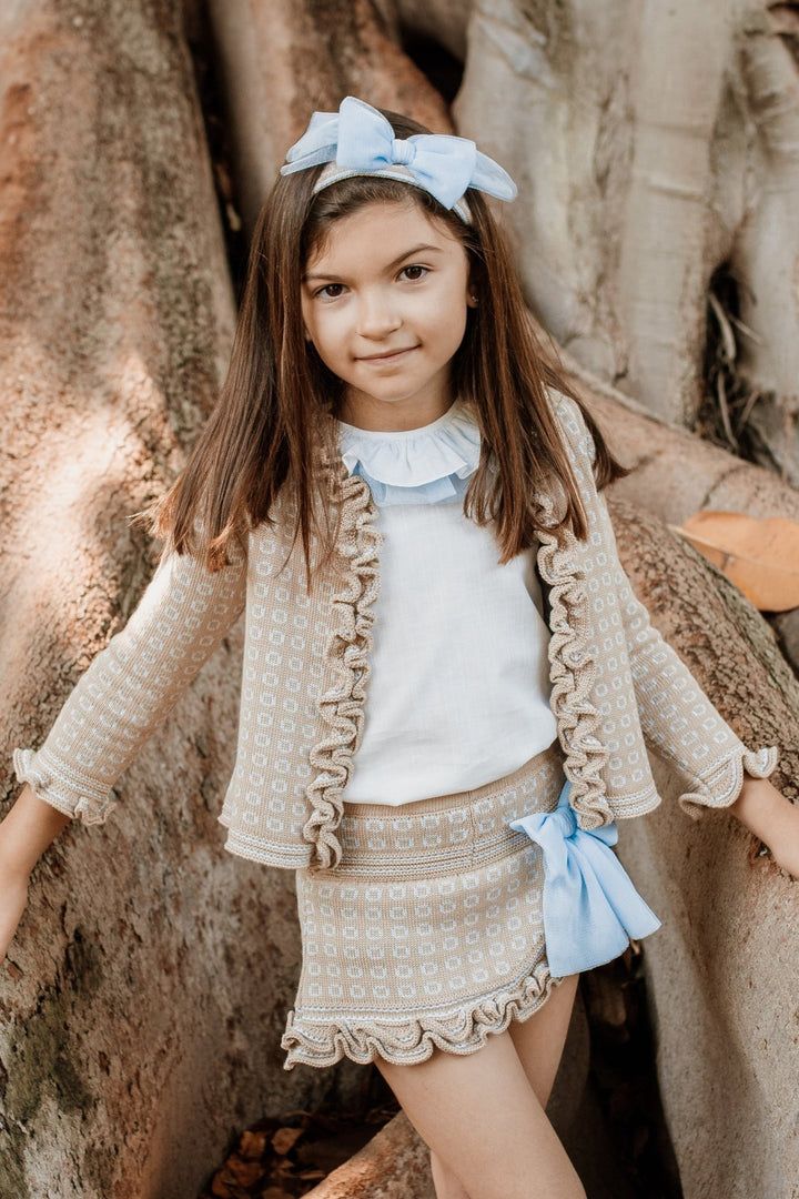 Rahigo "Zara" Camel & Baby Blue Knit Cardigan, Blouse & Skirt - Millie and John