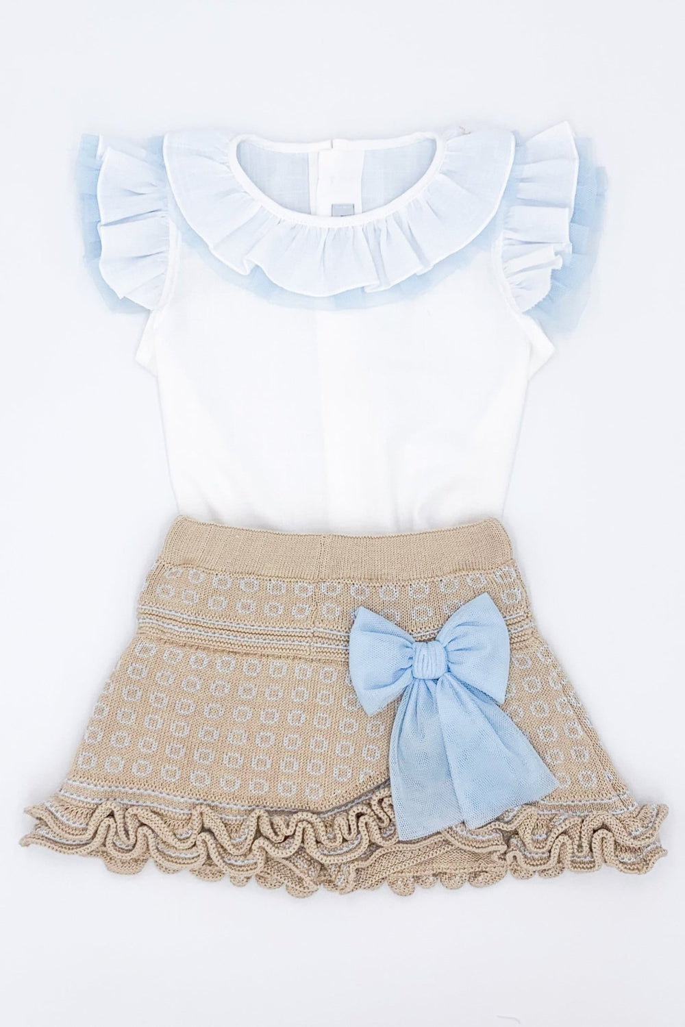 Rahigo "Zara" Camel & Baby Blue Knit Cardigan, Blouse & Skirt - Millie and John