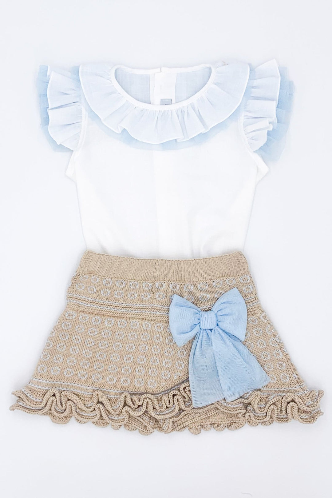 Rahigo "Zara" Camel & Baby Blue Knit Cardigan, Blouse & Skirt - Millie and John