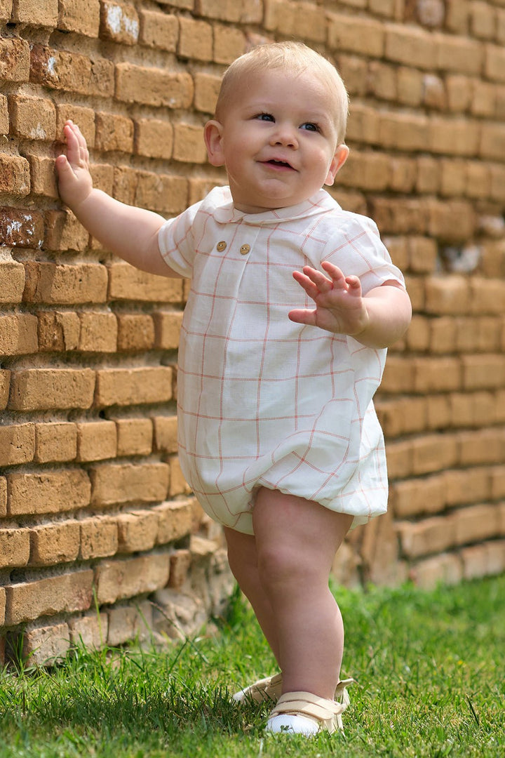 Rapife "Atlas" Ivory & Peach Checked Romper - Millie and John