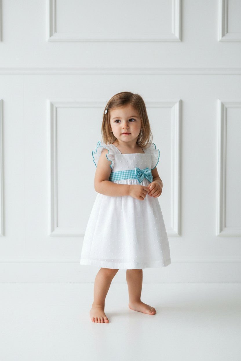 Rapife "Livvy" White Plumeti Dot Turquoise Gingham Dress - Millie and John