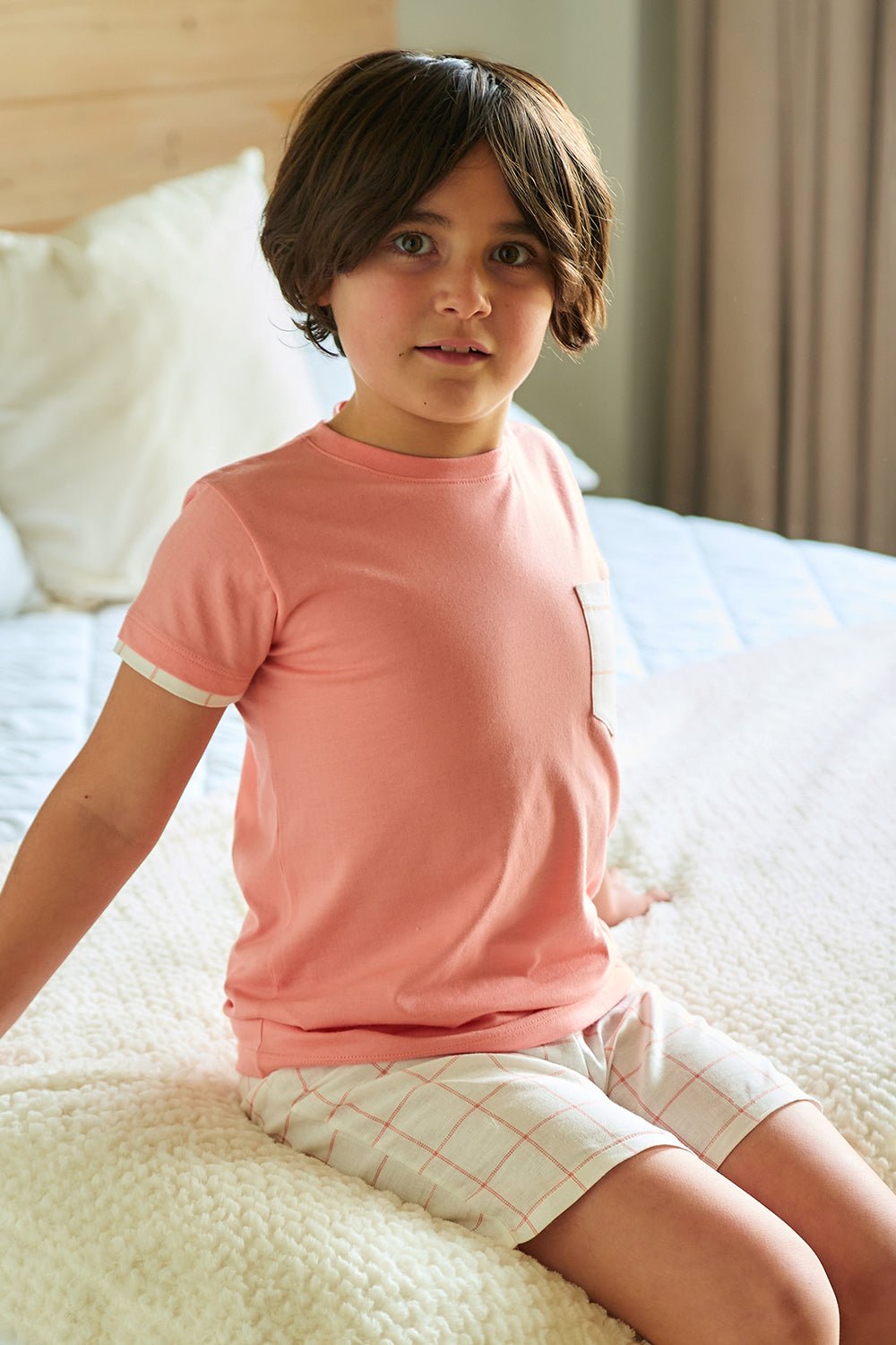 Rapife "Nico" Peach Checked T-Shirt & Shorts - Millie and John