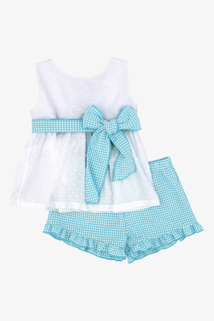 Rapife "Olive" White Plumeti Dot Blouse &amp; Turquoise Gingham Shorts - Millie and John