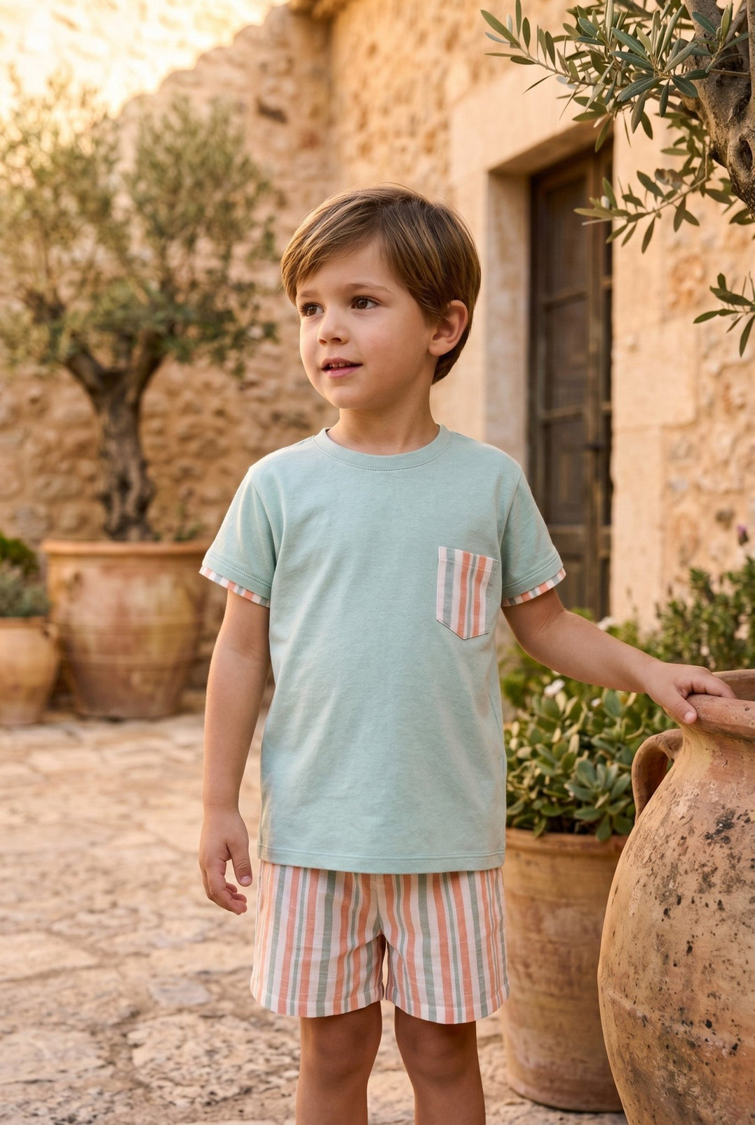 Rapife "Tommy" Sage Green & Peach Stripe T-Shirt & Shorts - Millie and John