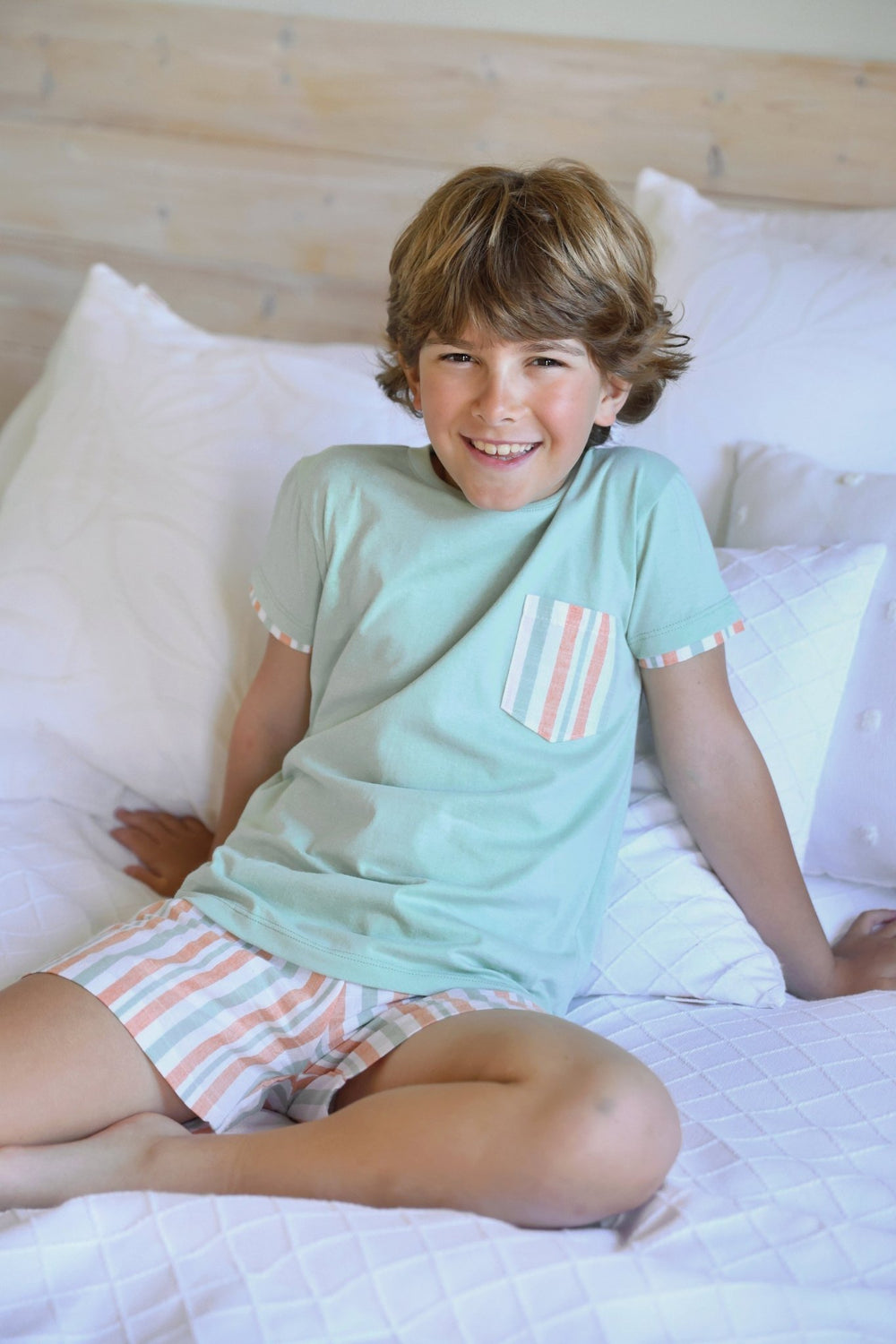 Rapife "Tommy" Sage Green & Peach Stripe T-Shirt & Shorts - Millie and John
