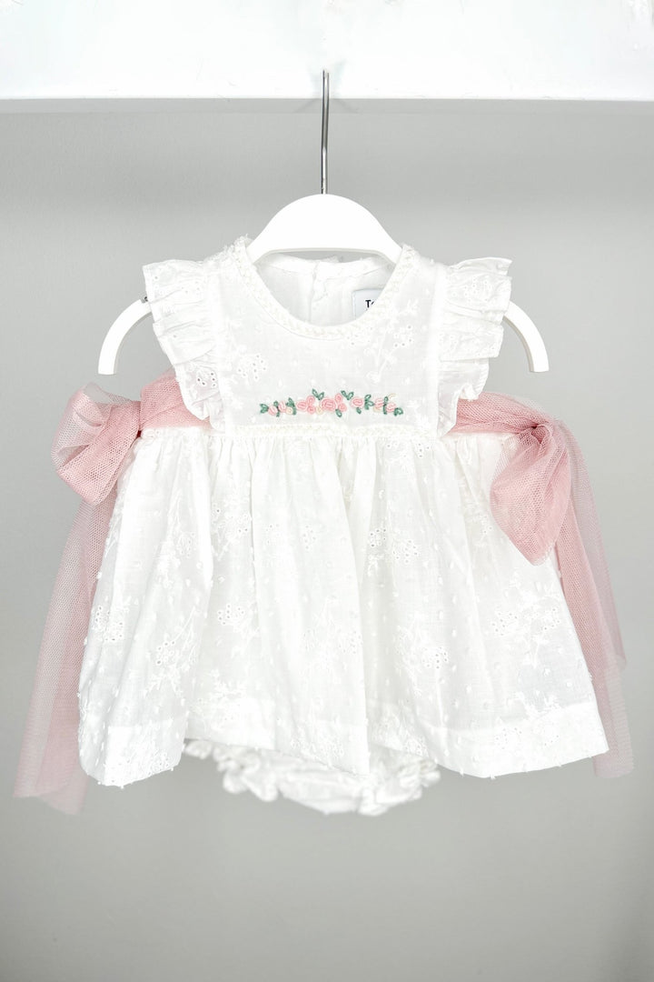 Tartaleta "Aubrielle" Ivory Floral Embroidered Tulle Bow Dress Set - Millie and John