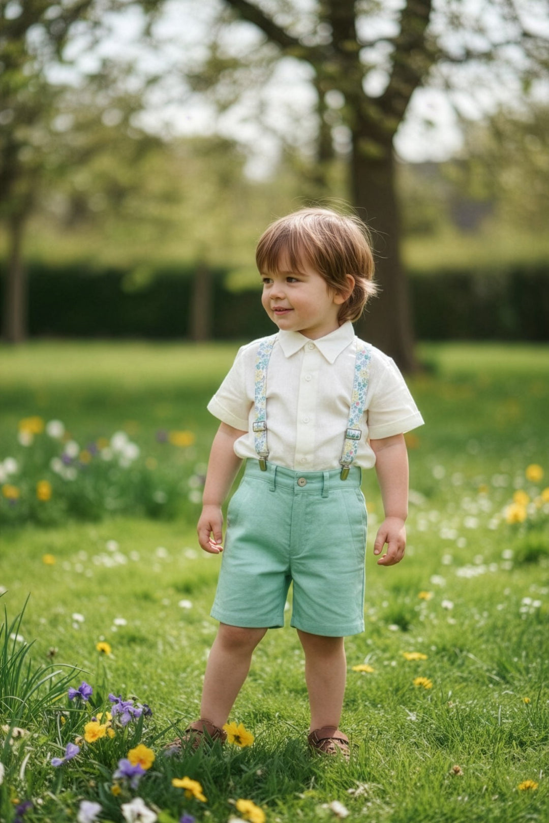 Tartaleta "Greyson" Shirt, Sage Green Shorts & Floral Braces - Millie and John