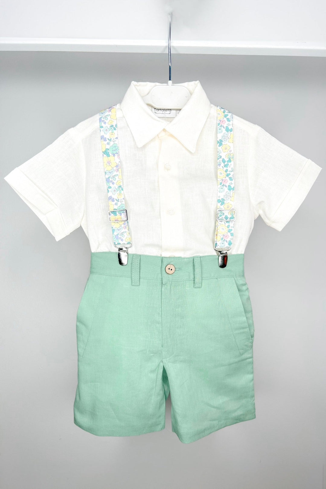 Tartaleta "Greyson" Shirt, Sage Green Shorts & Floral Braces - Millie and John