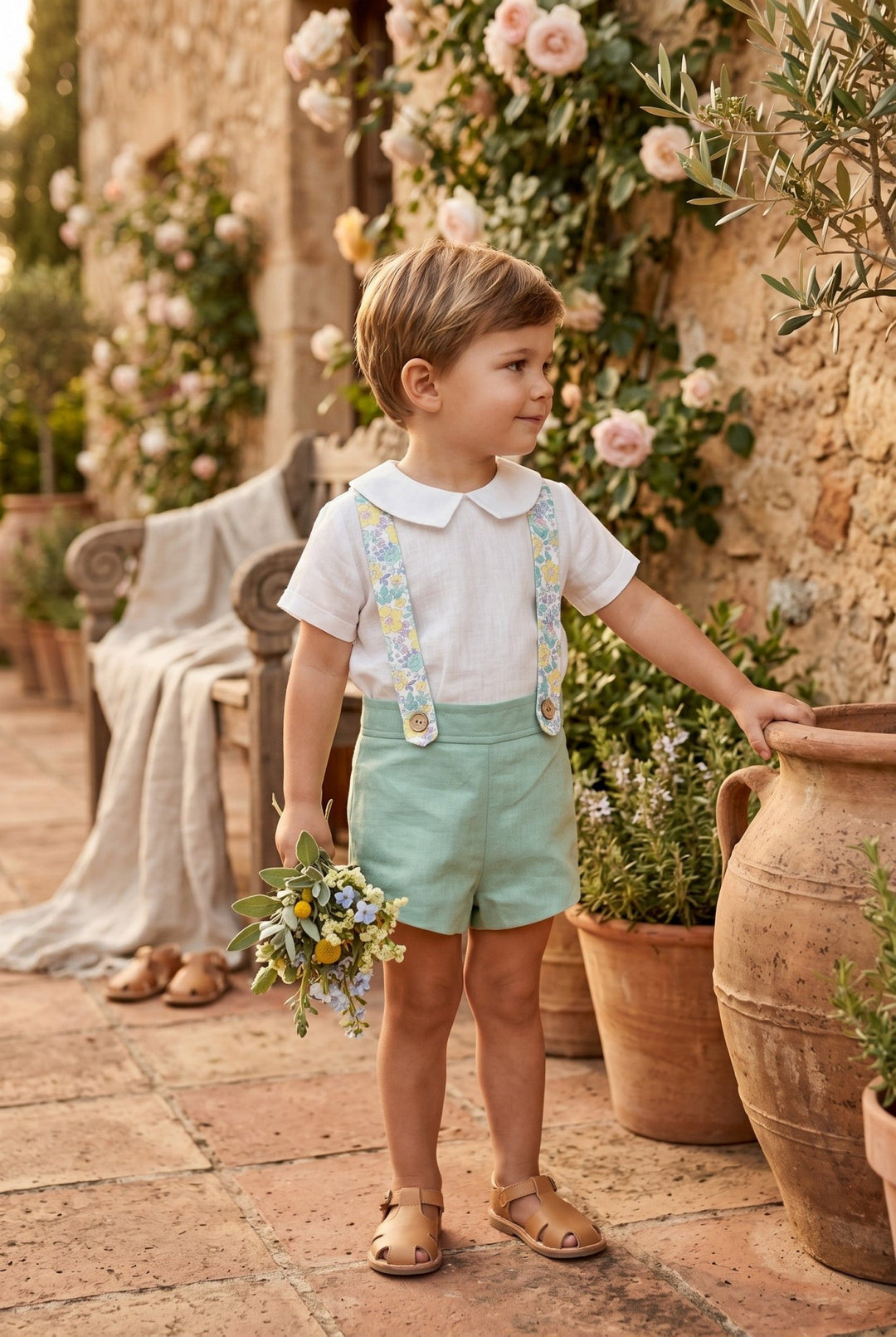 Tartaleta "Javier" Shirt, Sage Green Shorts & Floral Braces - Millie and John