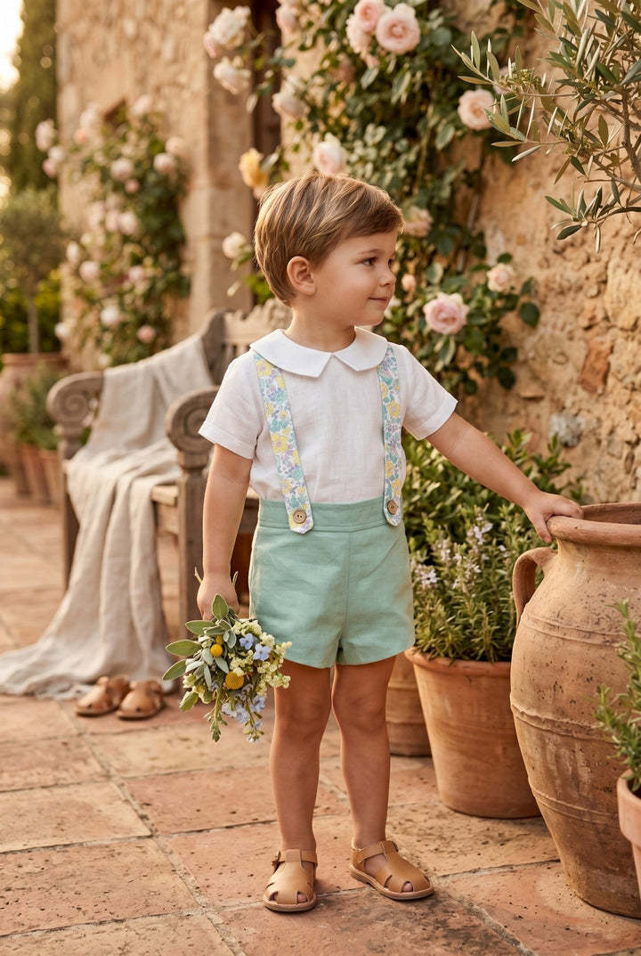 Tartaleta "Javier" Shirt, Sage Green Shorts &amp; Floral Braces - Millie and John