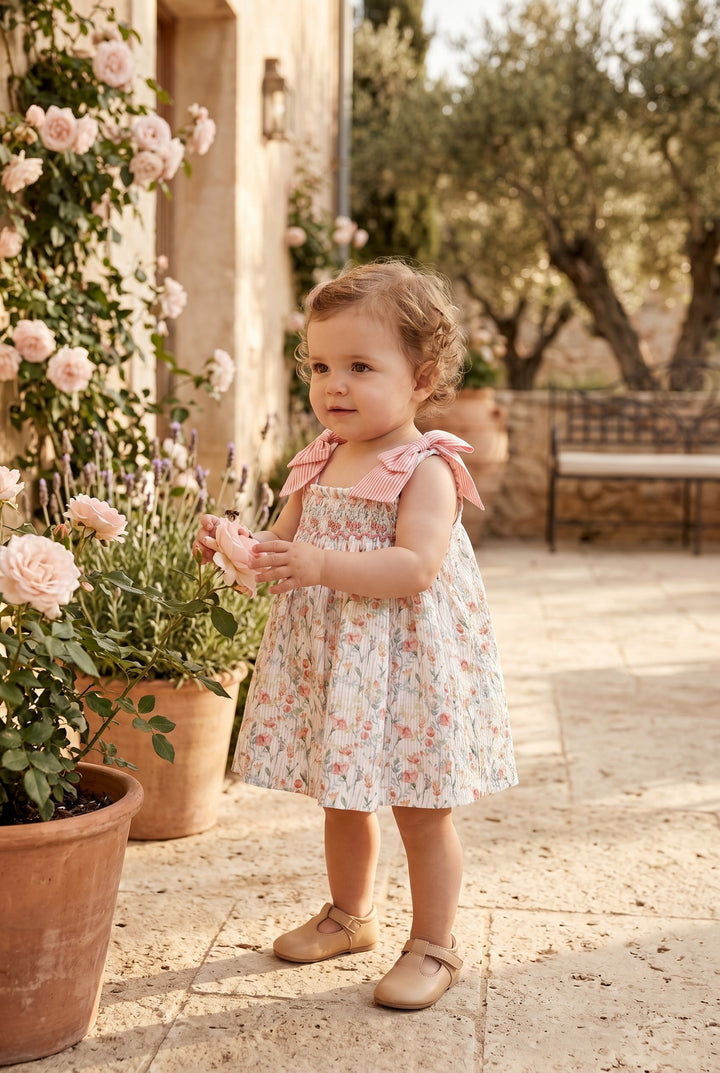 "Lana" Coral Watercolour Floral Smocked Dress &amp; Bloomers