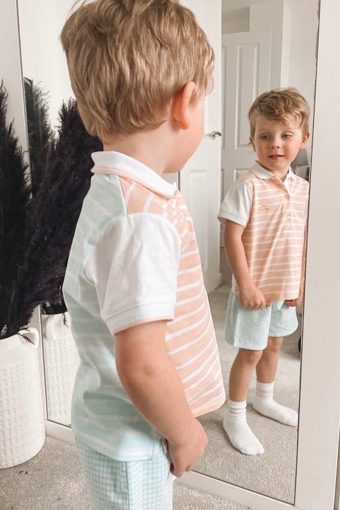 Tutto Piccolo "Gabriel" Peach & Aquamarine Polo Shirt & Shorts - Millie and John